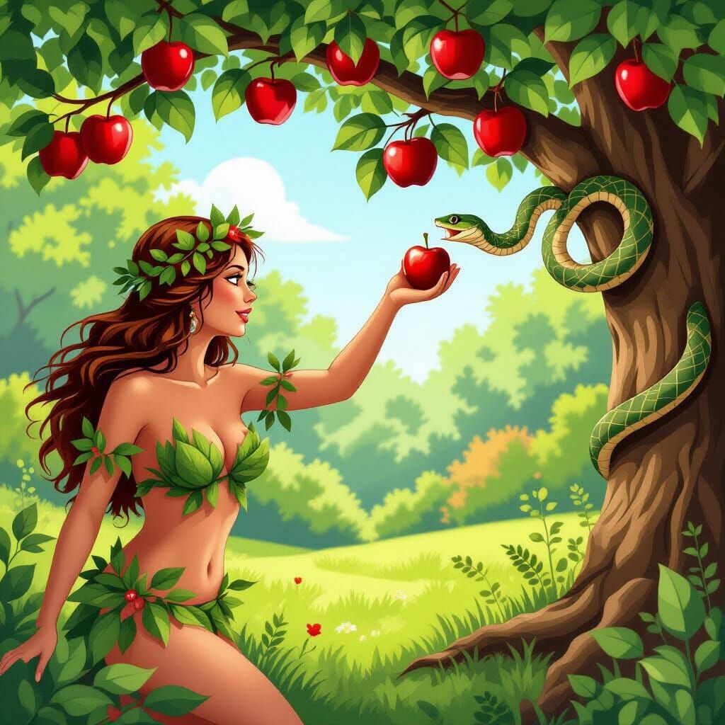 Eve Reaches for Apple in Garden of Eden with Snake