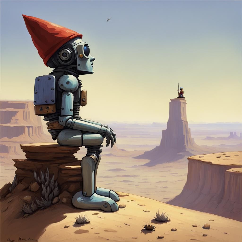 Robotic Gnome Contemplates Desert Oasis