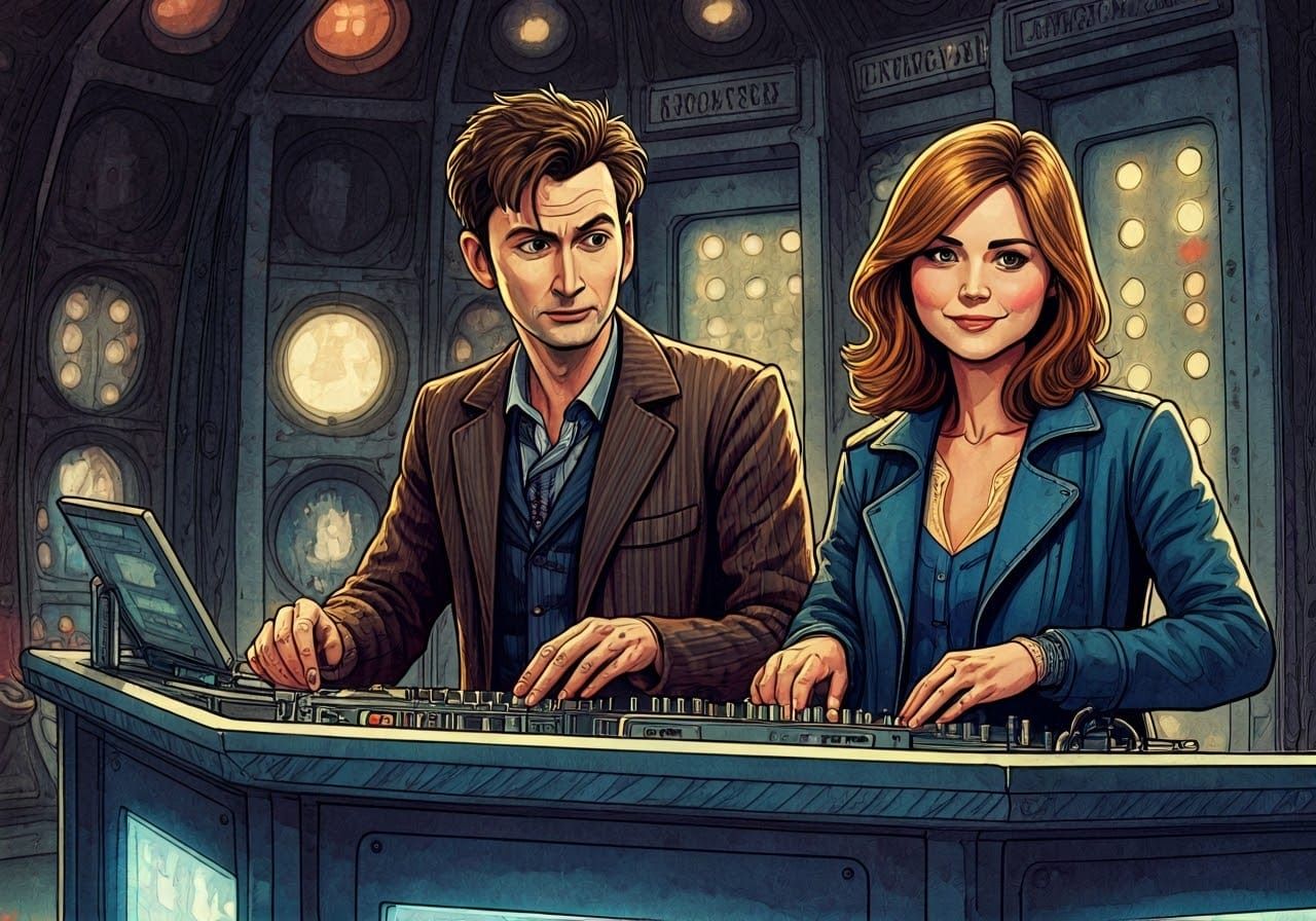 Tenth Doctor and Clara Oswald at a Tardis Control Room Party