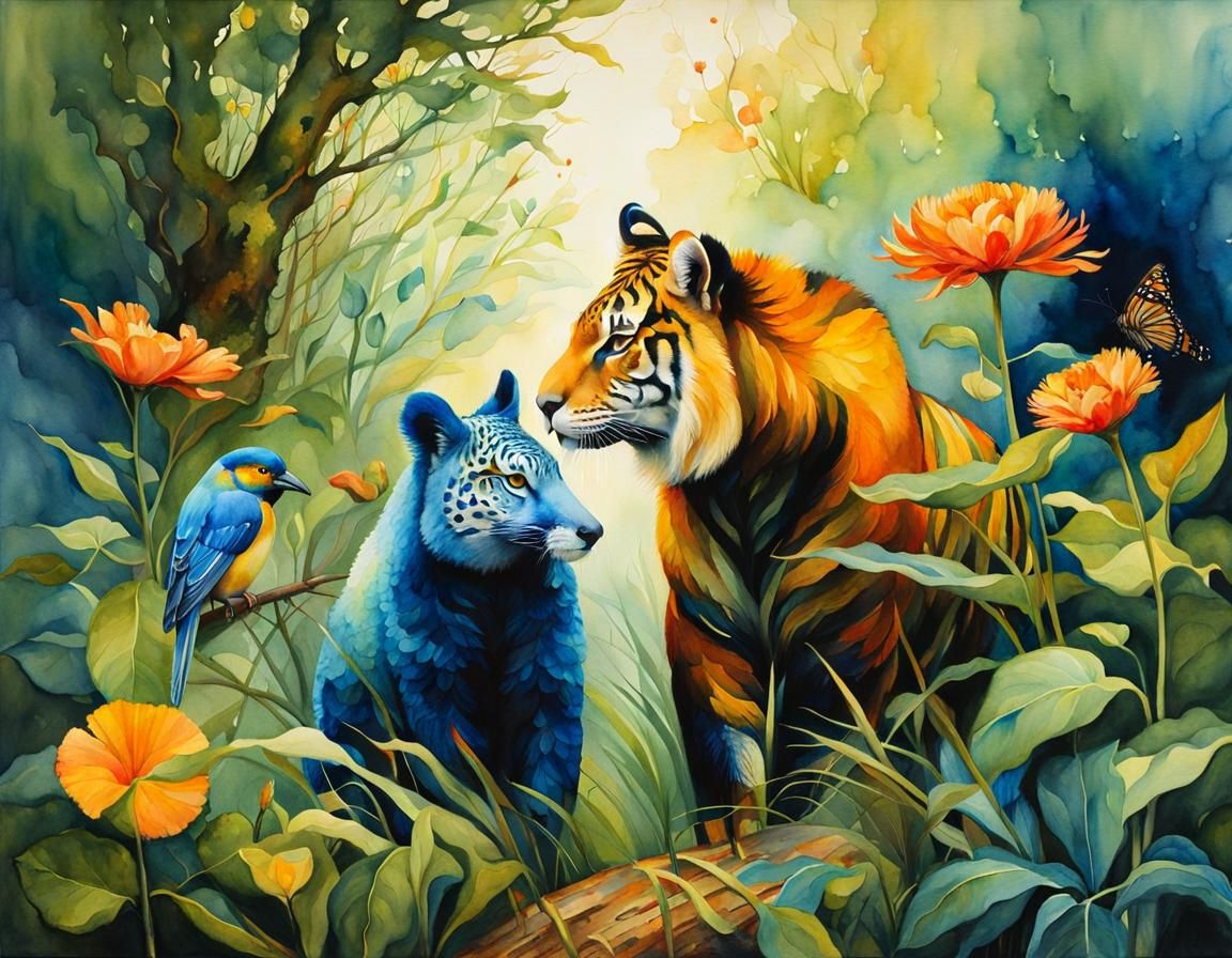 Intertwined Wildlife in Vibrant Watercolor Illustration