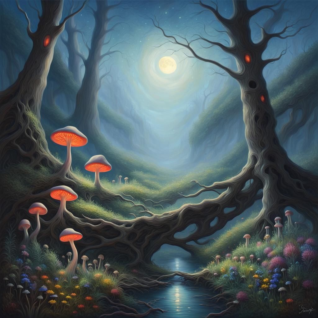 Dreamlike Valley Under the Moon: A Van Gogh-Inspired Oil Pai...