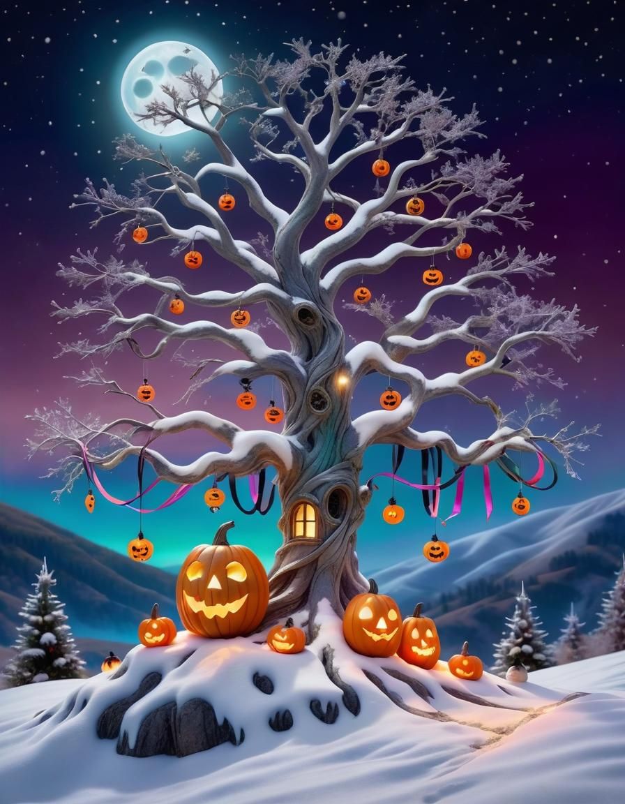 Snowy Hillside Tree Decorated for Halloween