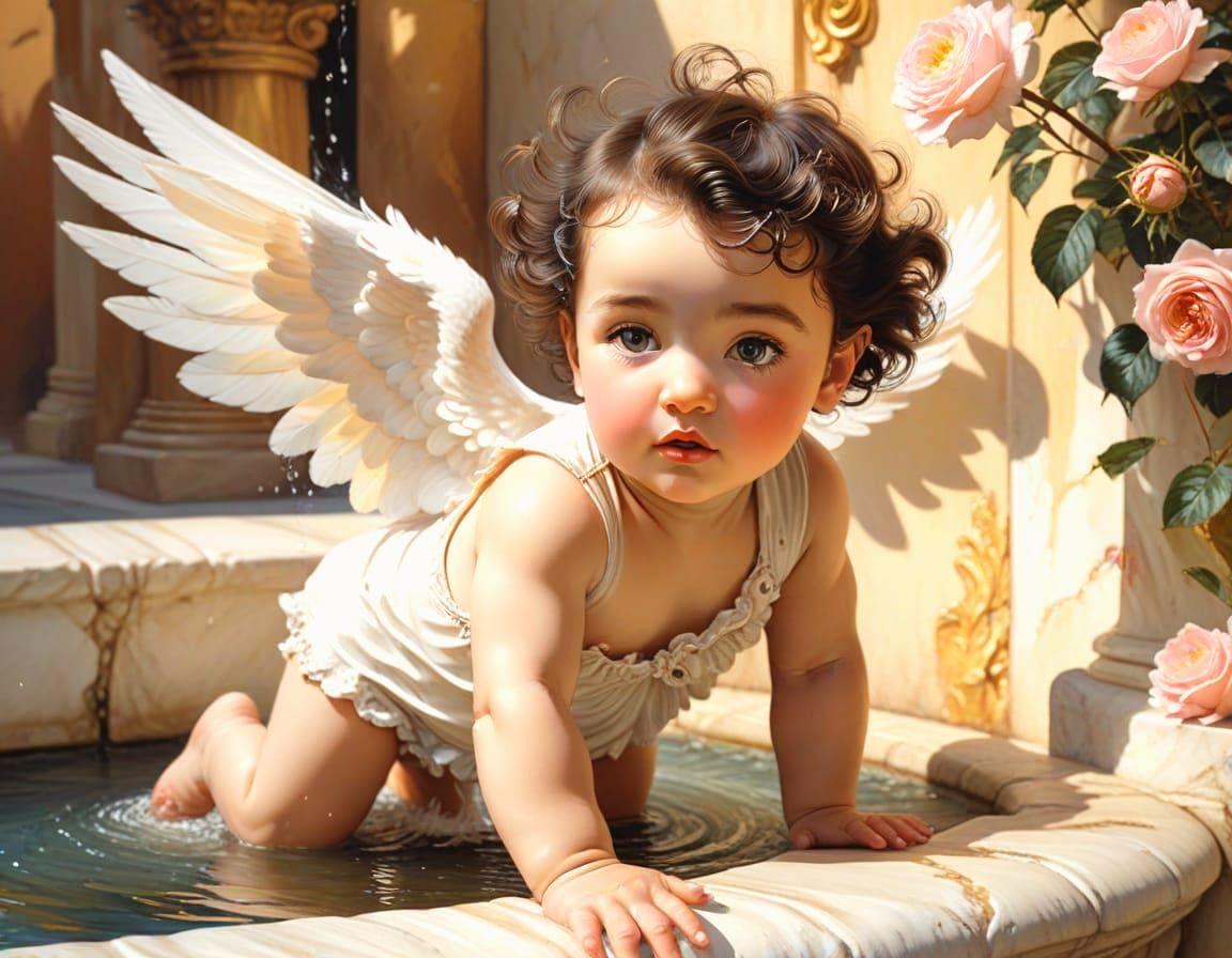 Angelic Cherub in Garden: A Vibrant Oil Painting