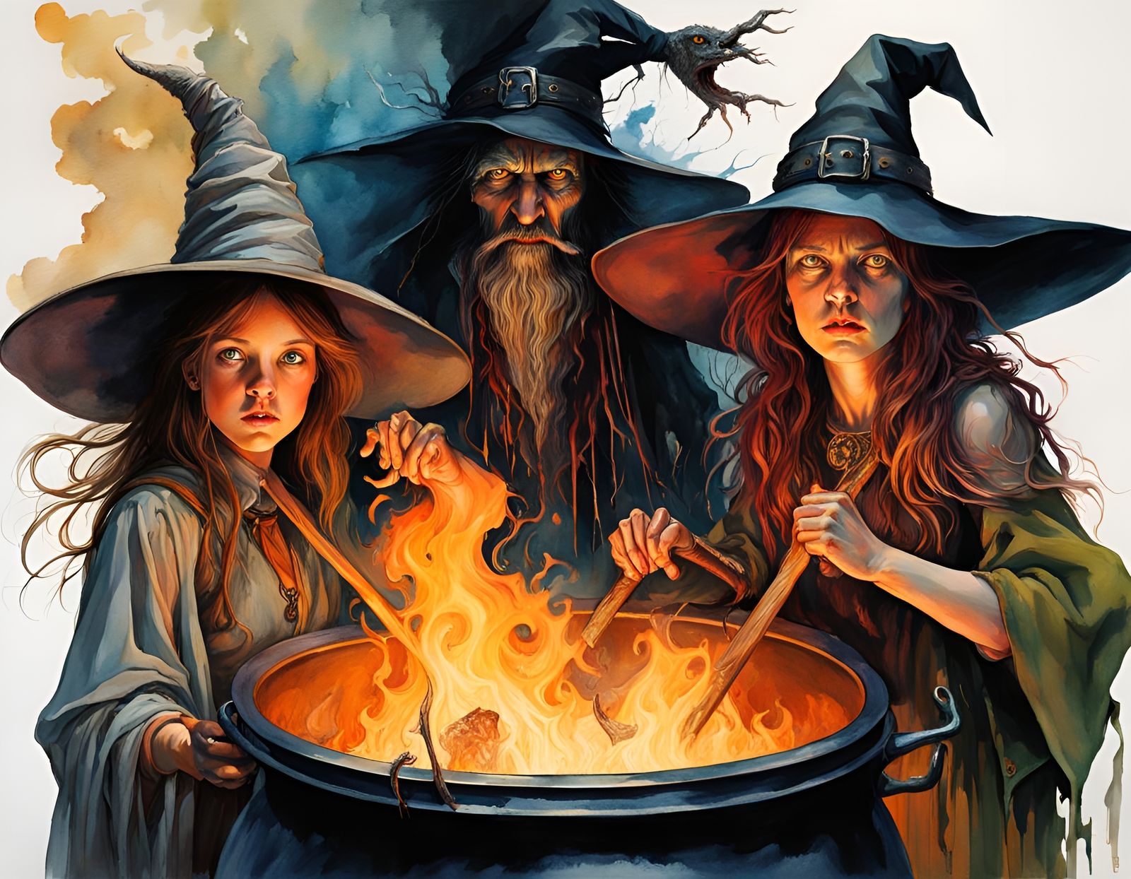 Frightened Children and Witch's Cauldron in Watercolor Style
