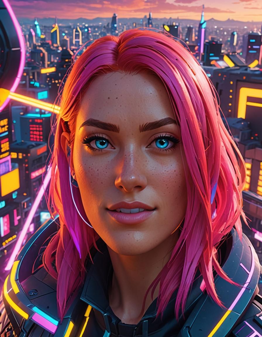 Red-Haired Woman in Futuristic Cityscape, Fortnite Style