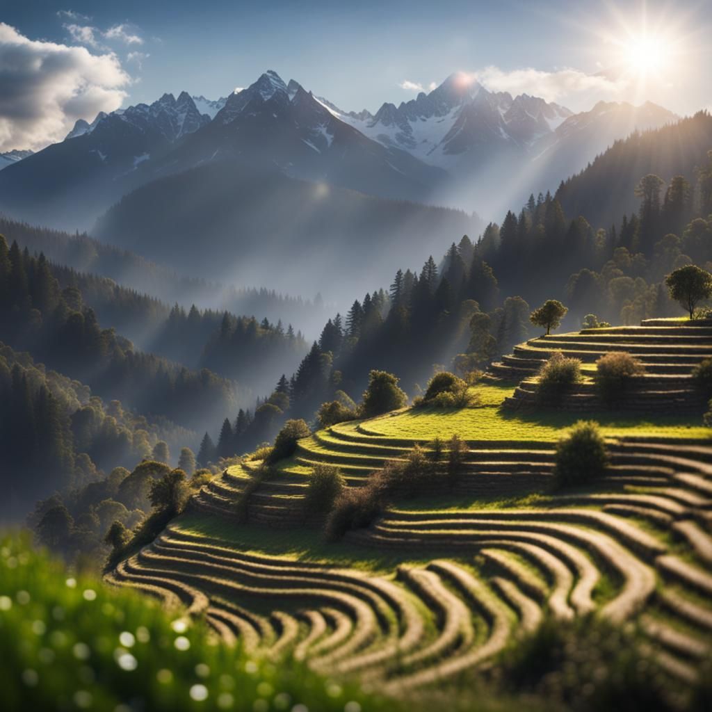 Epic Mountain Terrace Farming in Fantasy Landscape