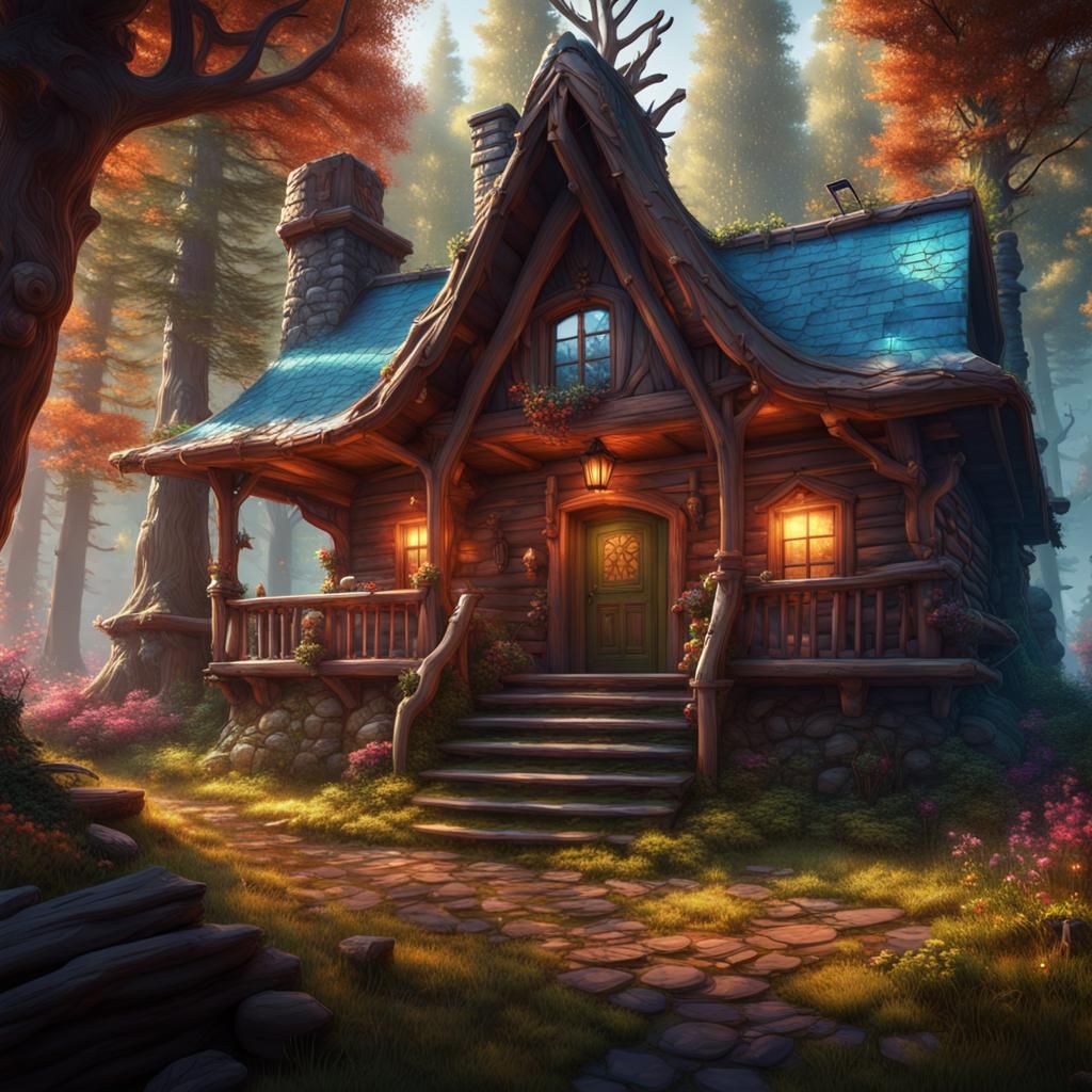 Cozy Cabin in Woods: Colorful Fantasy Art