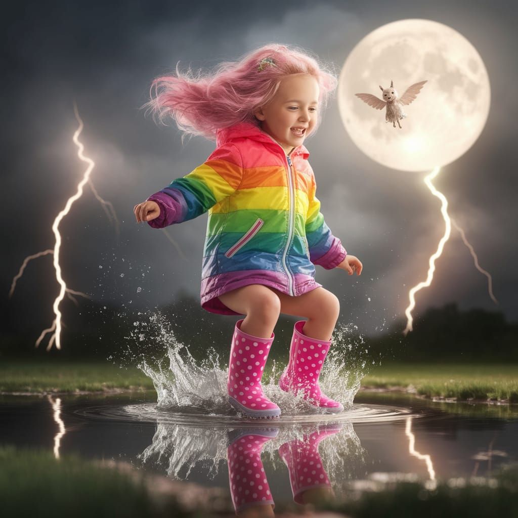 Vibrant Rainbow Girl Jumps into a Puddle under a Full Moon