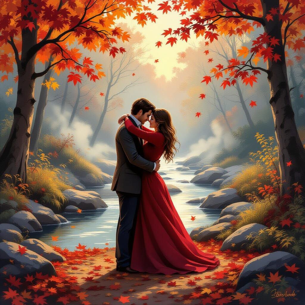 Cozy Couple Embracing on Autumn Evening in Gentle Mist