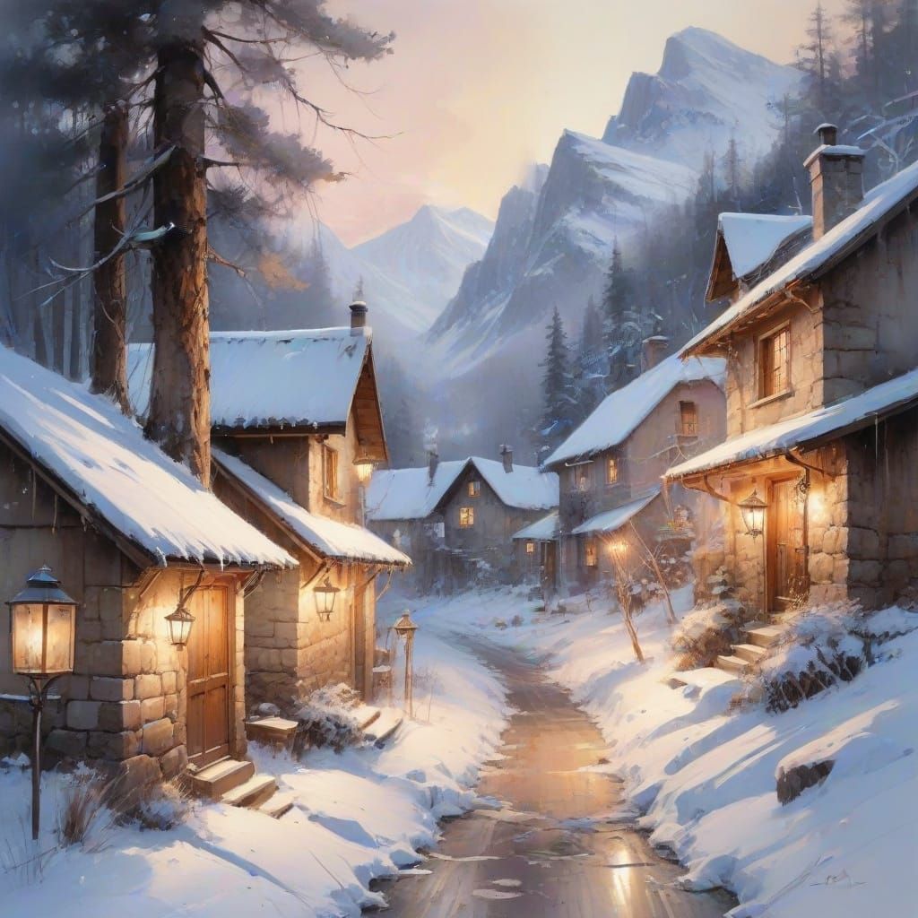 Winter Village Scene in Watercolor Style