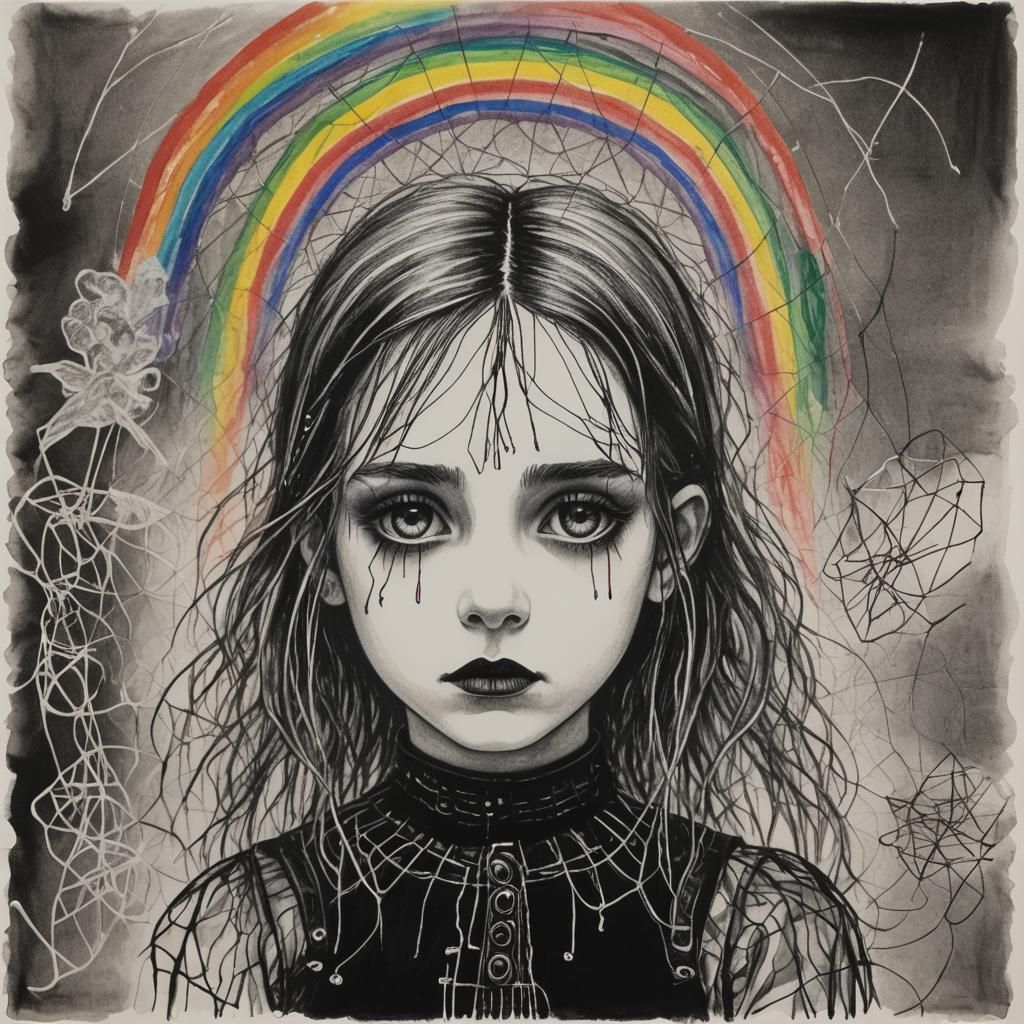 Gloomy Goth Girl Crayon Drawing with Rainbow Fairy