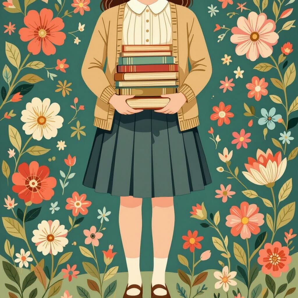 Paper Doll Teacher with Books, Floral Background