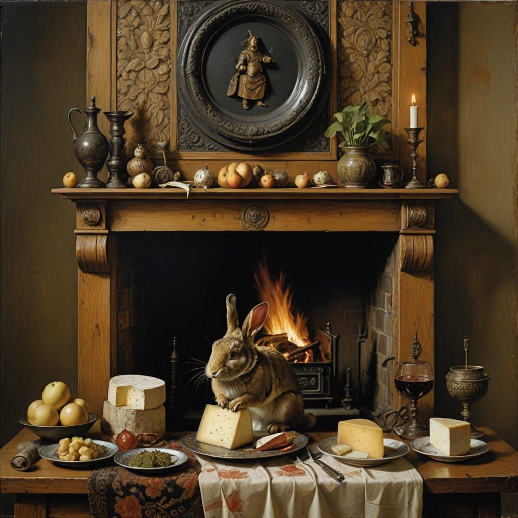 Renaissance Rabbit Ignites Warm Ambiance in Cozy Stove Scene