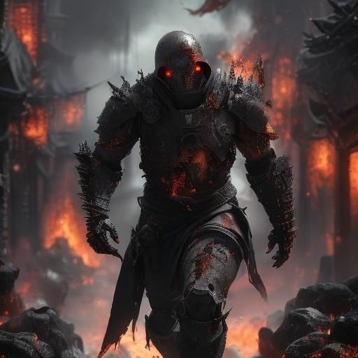 <lora:MJ6 Charred DS8:1.0> Cyperpunk Warforged Ninja assassi...