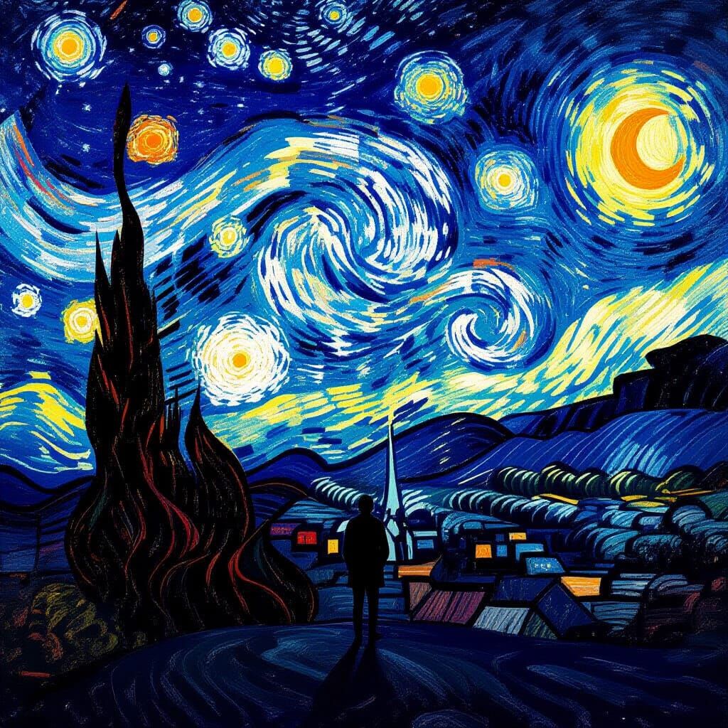 Cosmic Landscape with Figure in Starry Night