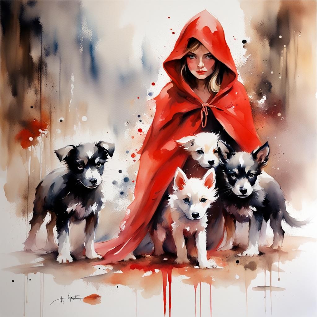 Red Riding Hood with Wolves: Surreal Watercolor