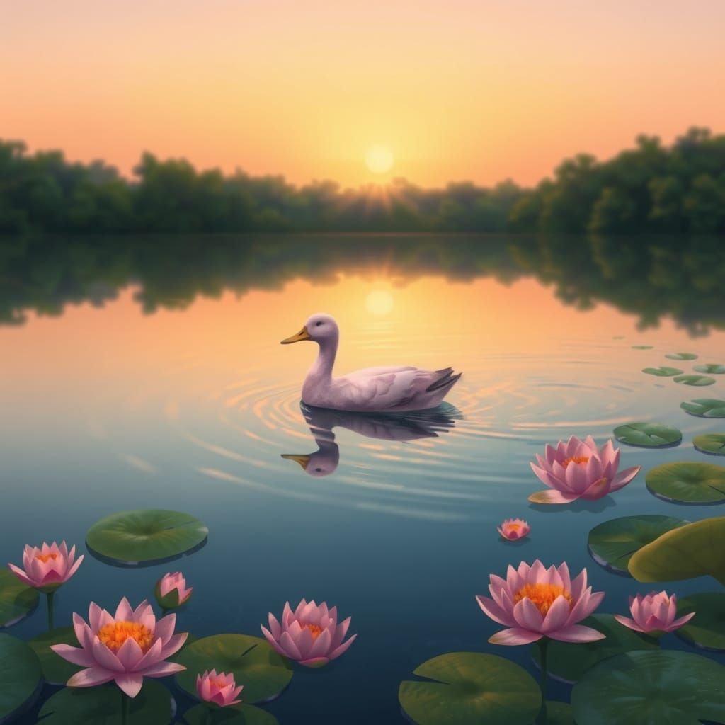 Whimsical Duck in Serene Lake Landscape