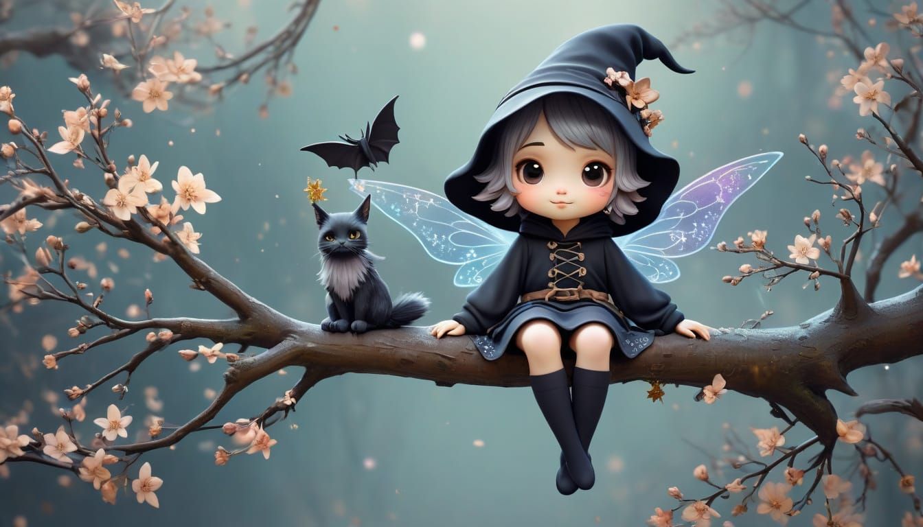 Cute Chibi Witch with Starry Wings on Flowering Branch