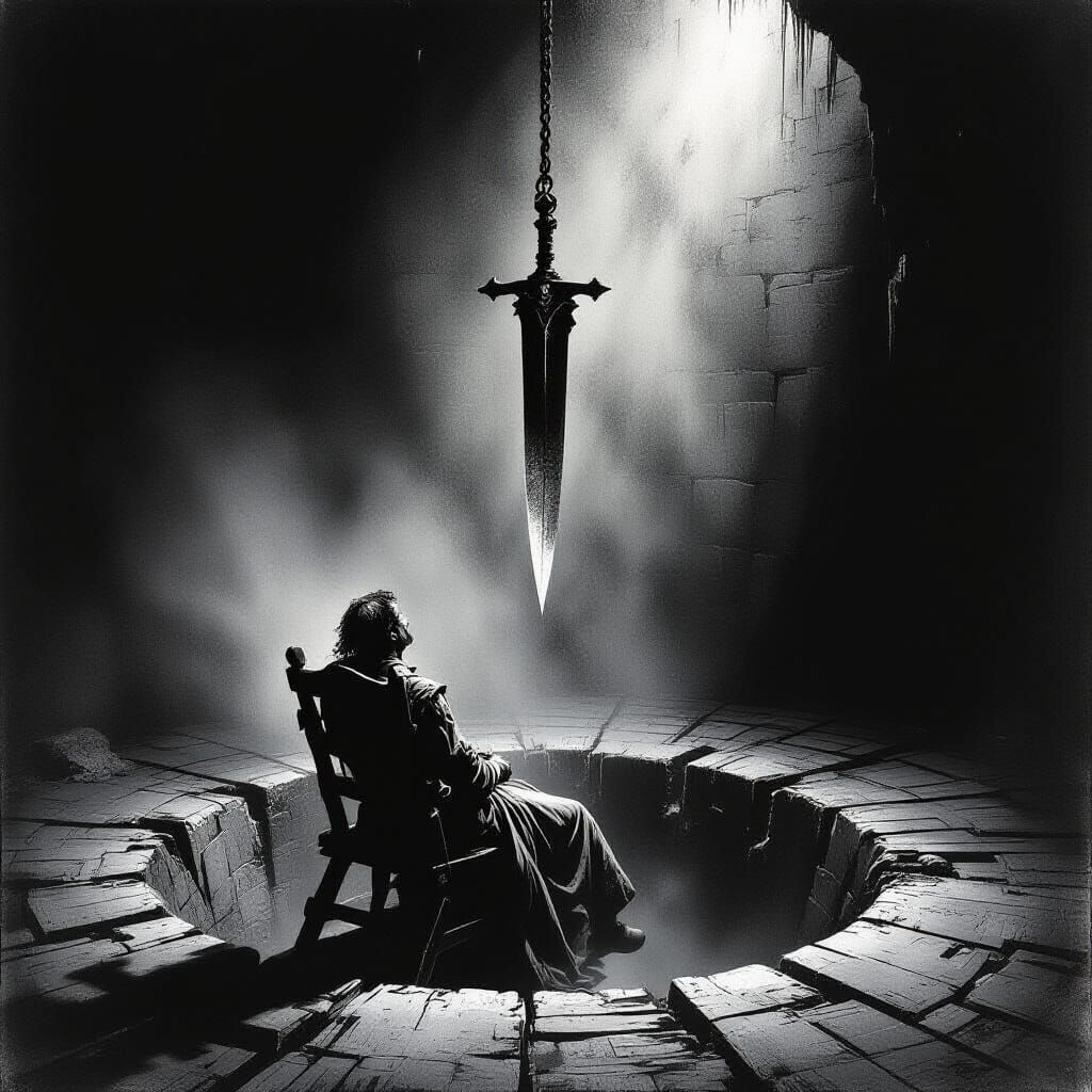 Prisoner Faces Pendulum Blade in Dark Romantic Illustration