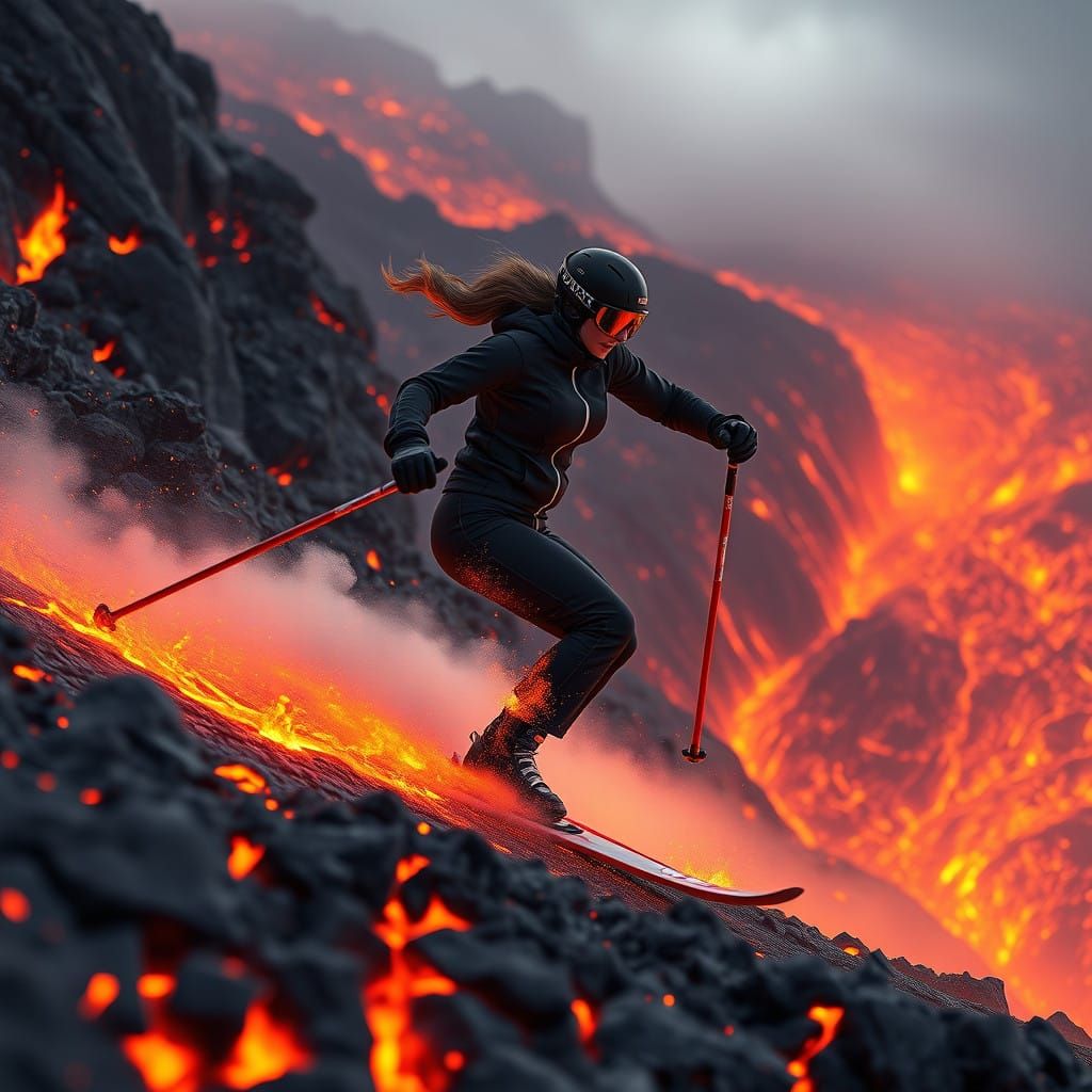 Female Skier Descends Lava Flow in Hyper-Realistic, Fantasti...