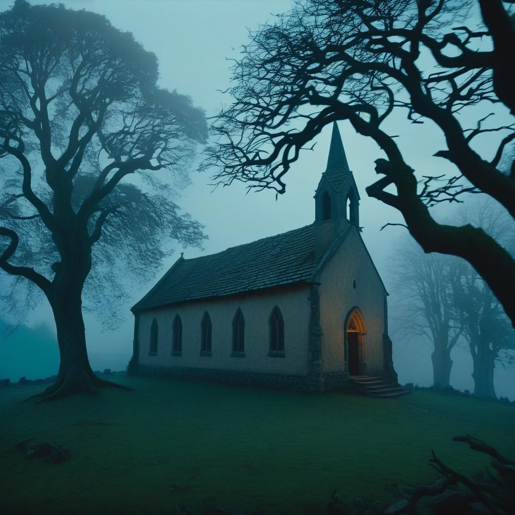 Eerie Medieval Chapel at Dusk in a Landscape Painting Style