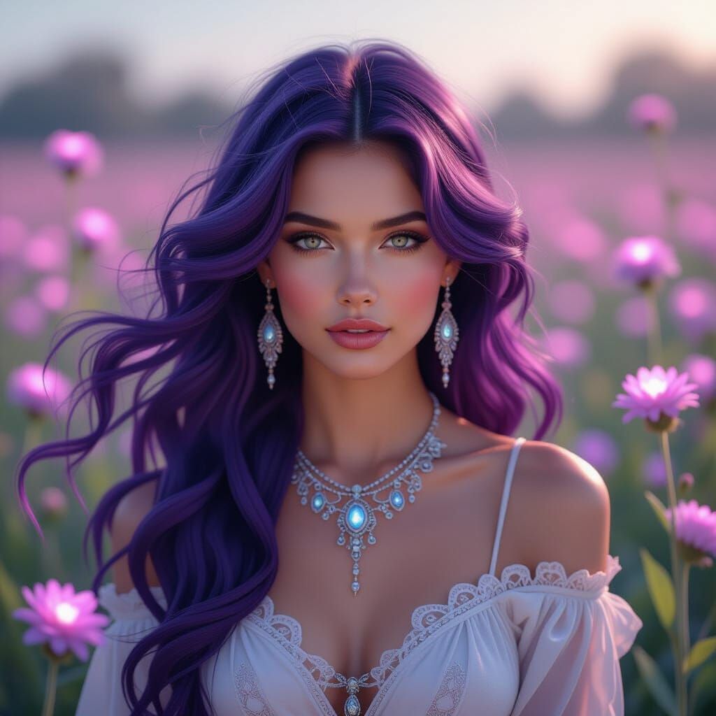 Amethyst-Haired Woman in Alien Field, Art Nouveau Style