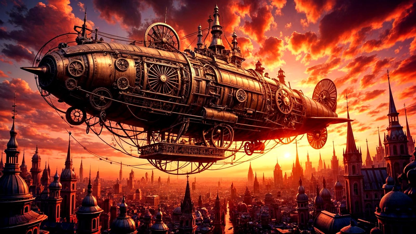steampunk-inspired airship soaring through a crimson sky above a sprawling Victorian city.