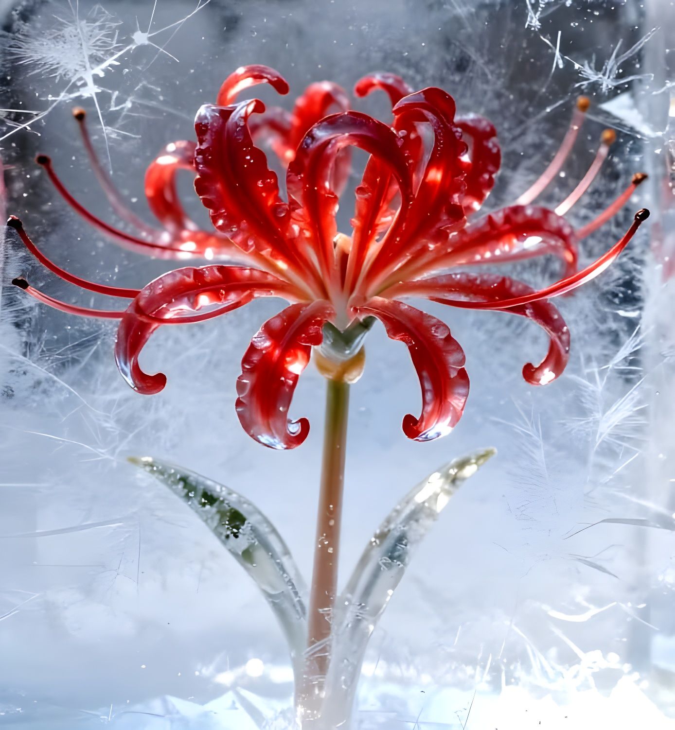 Red Ice Spider Lily Sculpture in Transparent Cube