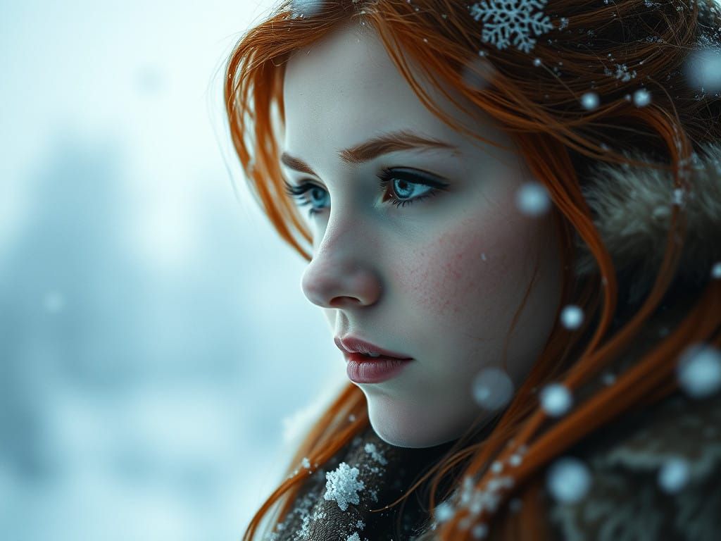 Enigmatic Redhead Lost in Snowy Mysticism, Cinematic Film St...