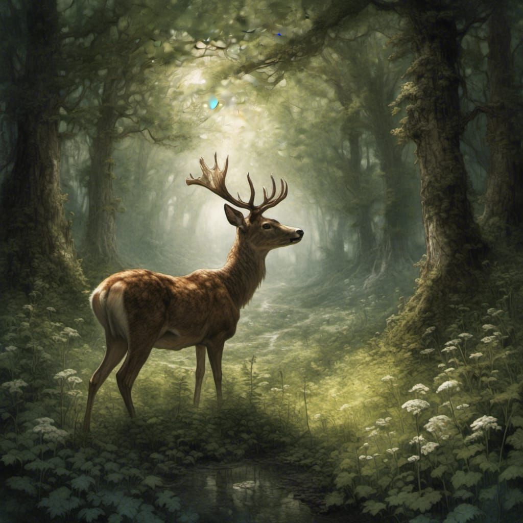 Deer in Forest Glade Bathed in Sunlight