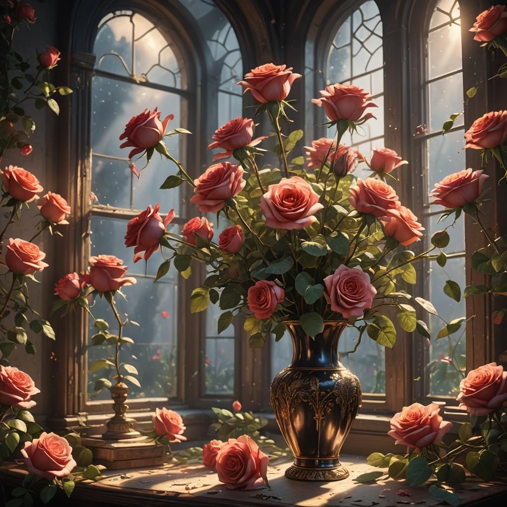 Detailed Roses in Vase, Light Rays Visible