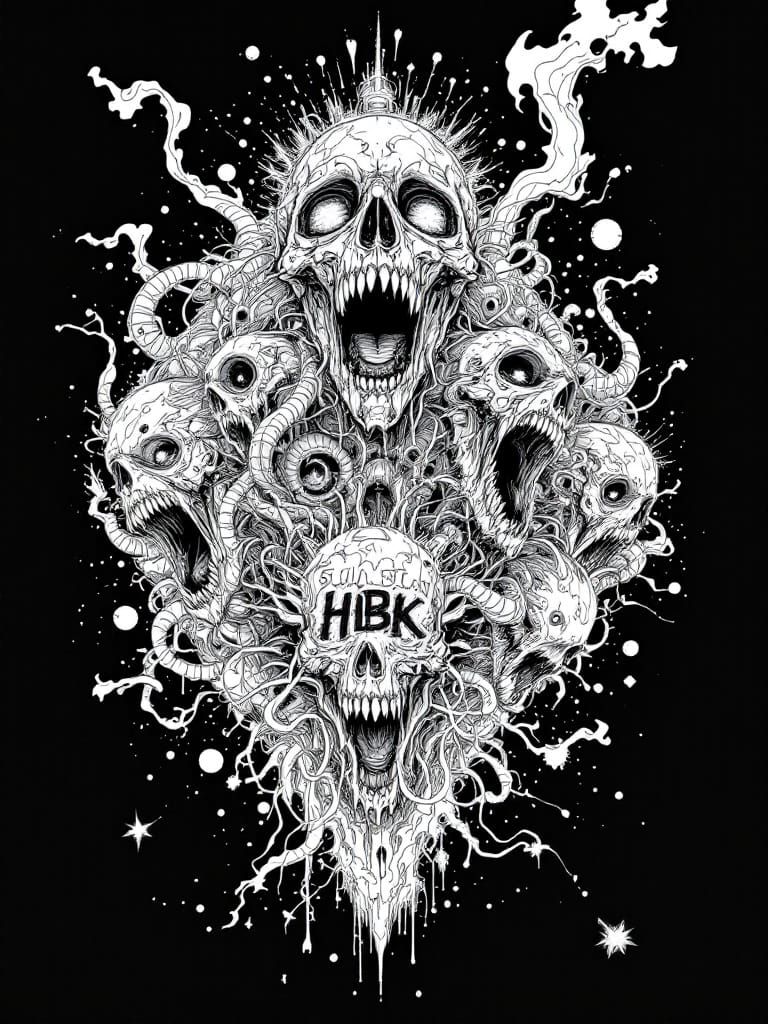 Exploding Techno-Cube Biomech Horror in White Line Art