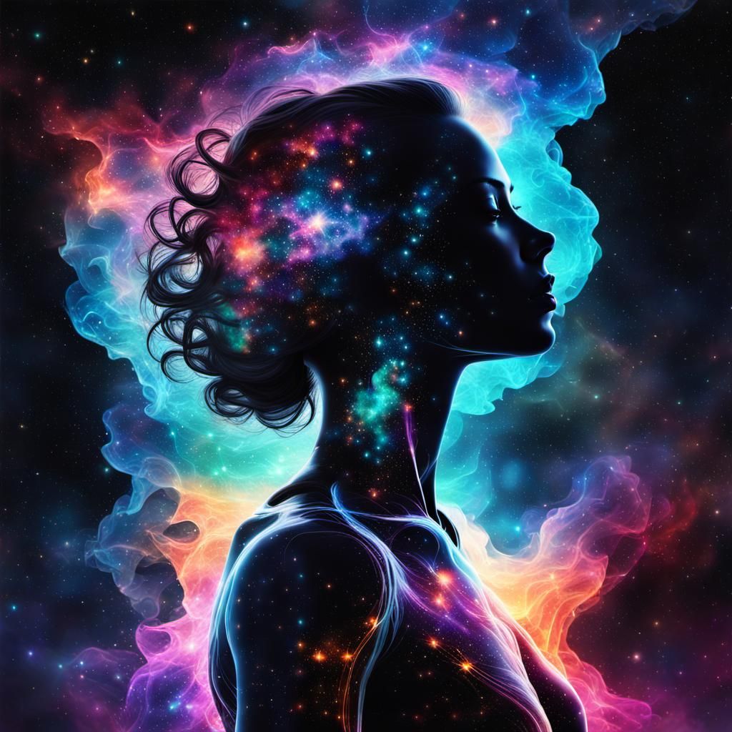 Woman's Silhouette Filled with Vibrant Nebula