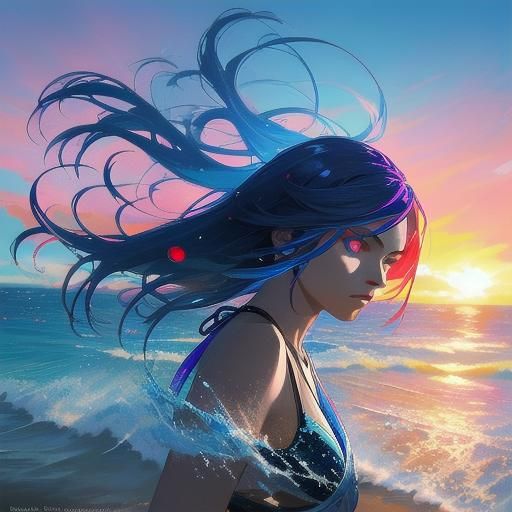 Red-Haired Woman with Blue Eyes on Beach