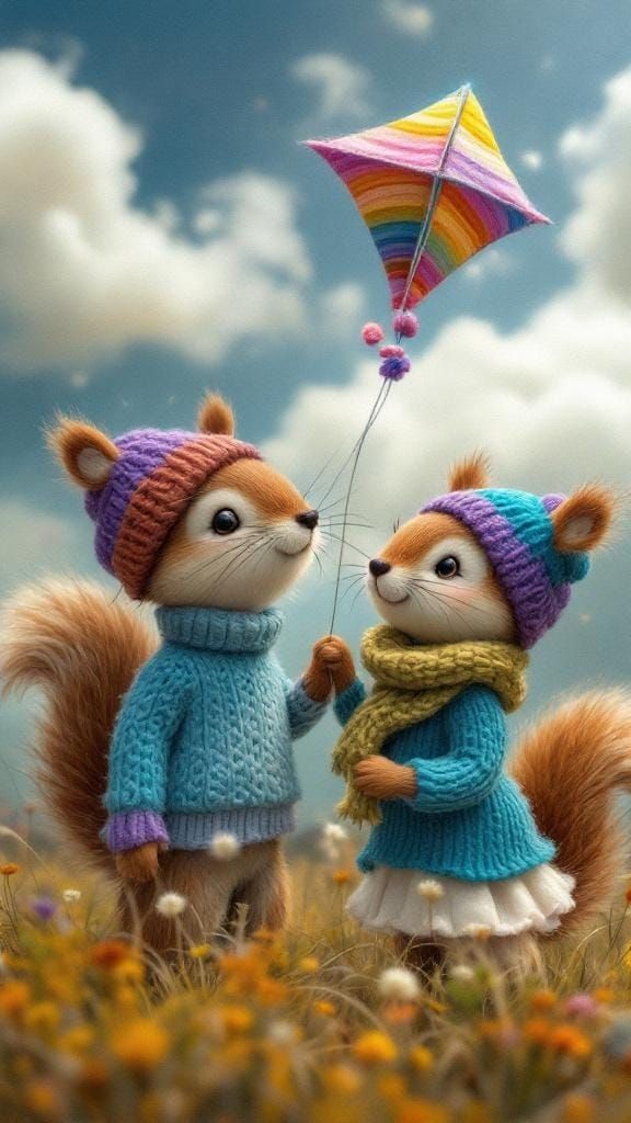 Whimsical Yarn Scene with Felted Squirrels