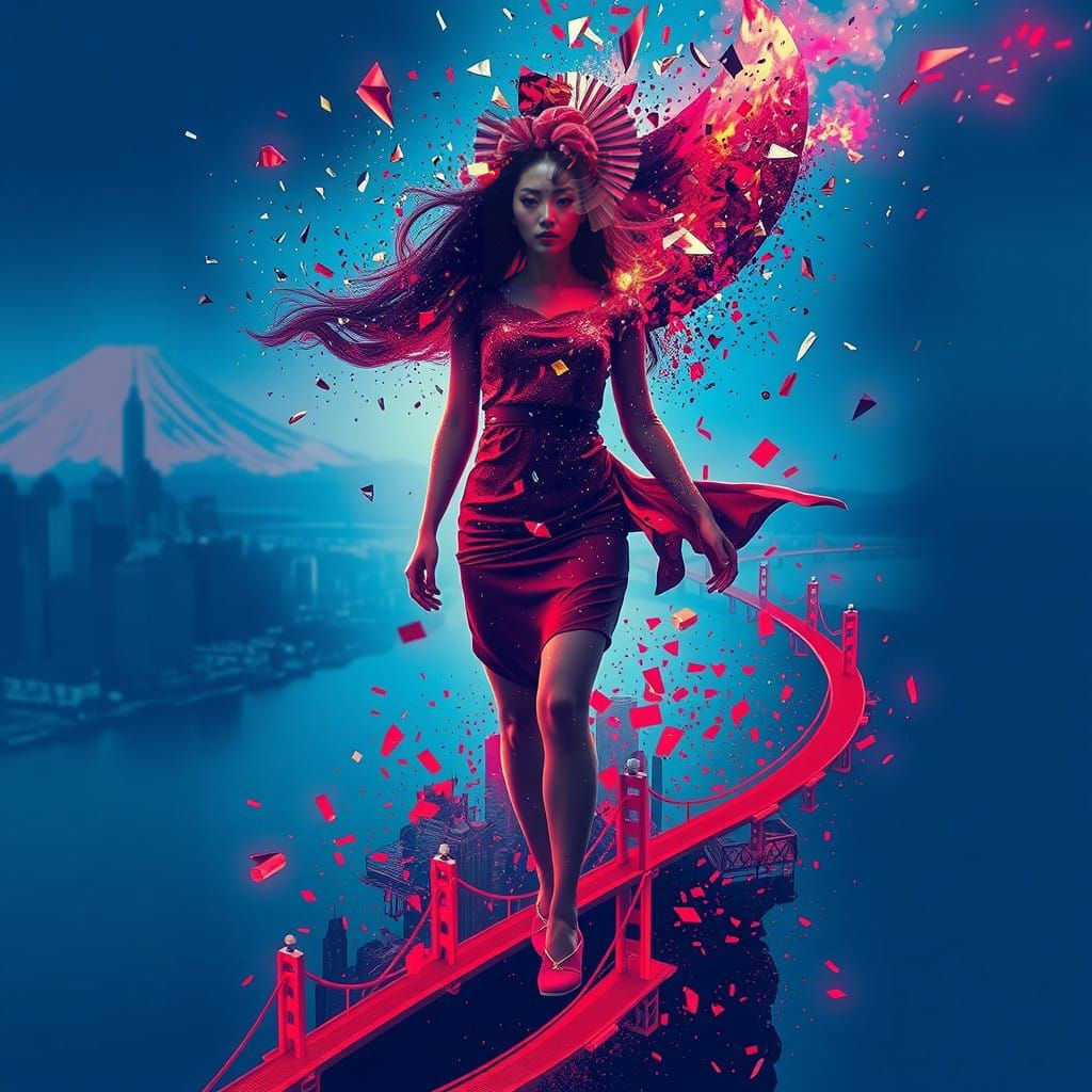 Hyper-Realistic Geisha Portrait in Vibrant NYC Night Skyline