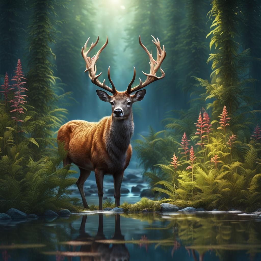 Proud Deer in Forest: Fantasy Digital Illustration
