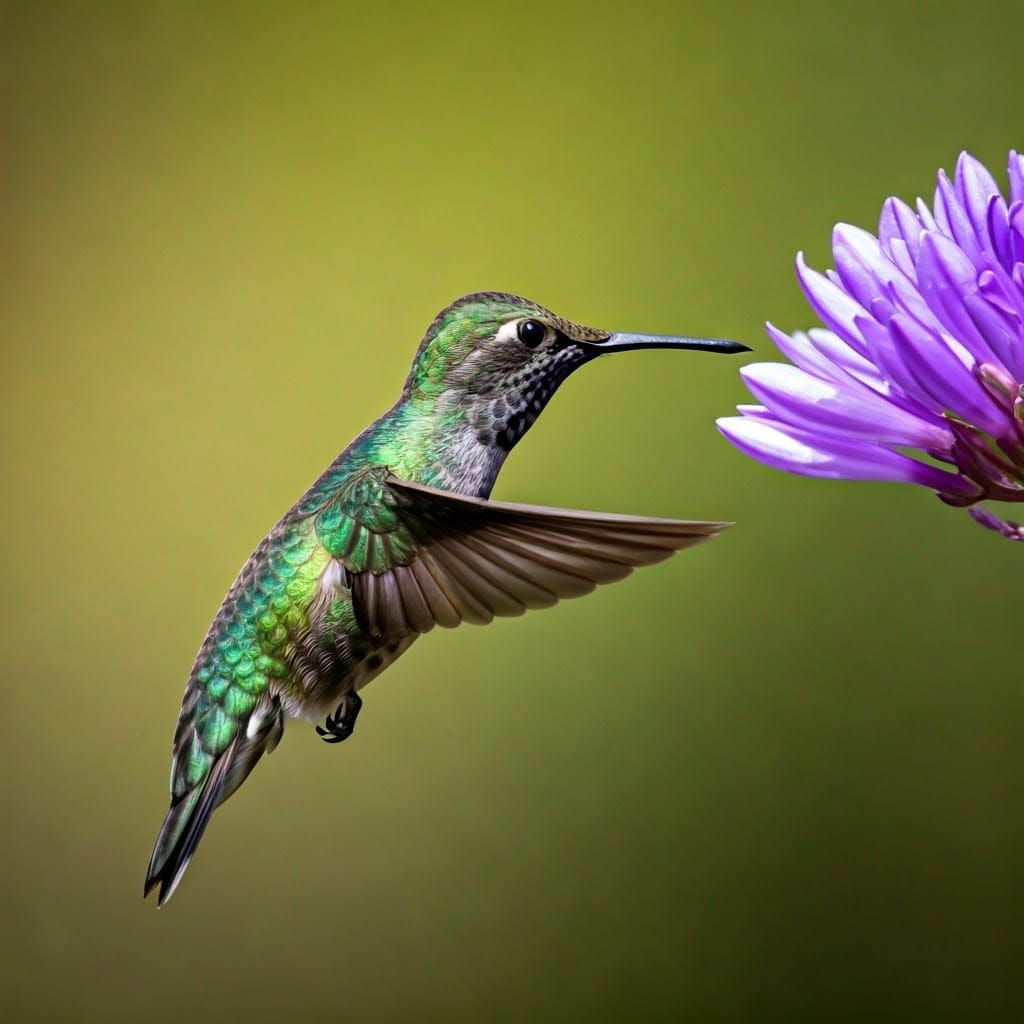 Iridescent Hummingbird with Purple Flower, Blended Art Style...