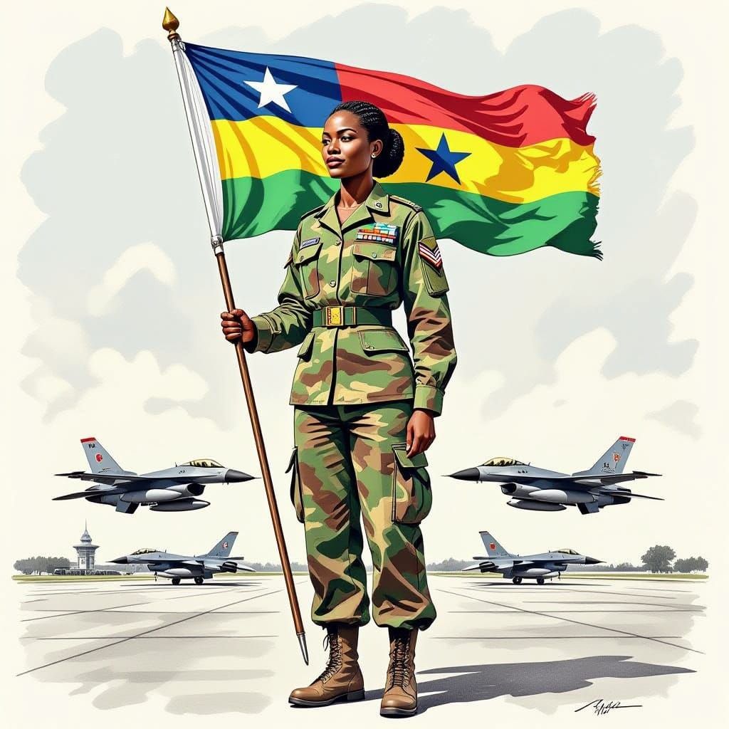 Female Air Force Veteran with Ghanaian Flag and Jets, Illust...