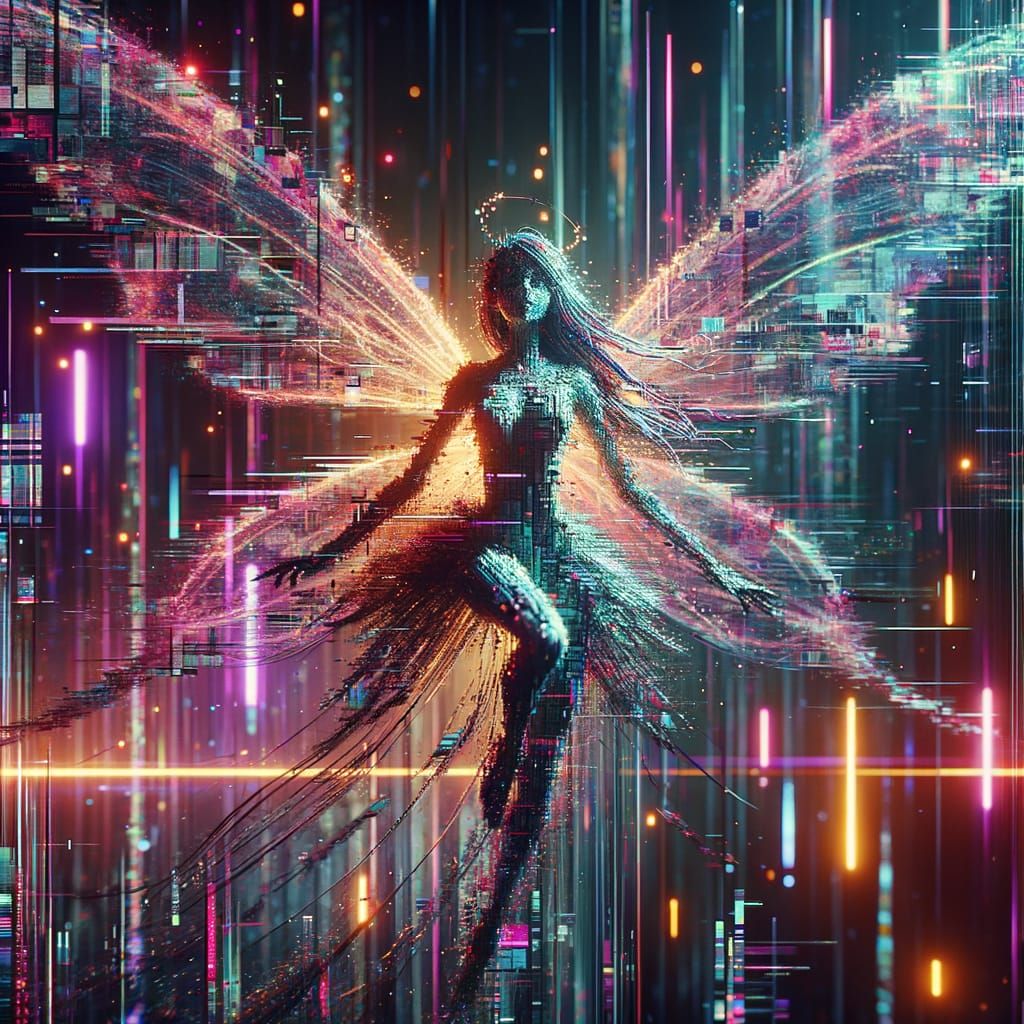 Glitch Art Fairy of Corrupted Data in Neon Void