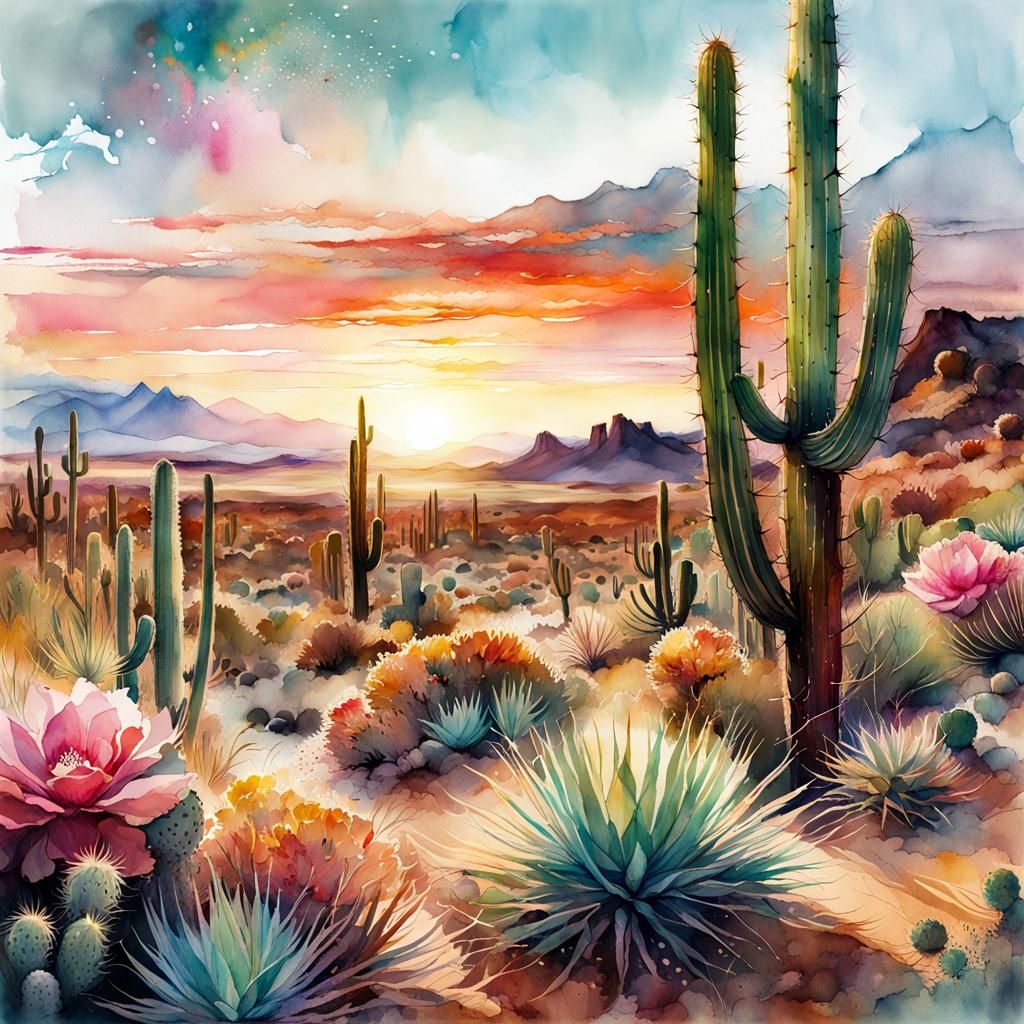 Desert Sunrise: Digital Watercolor Illustration