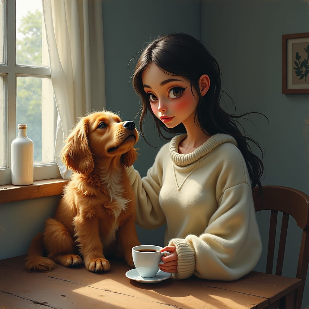 Sleepy Woman with Dog in Cartoon Style