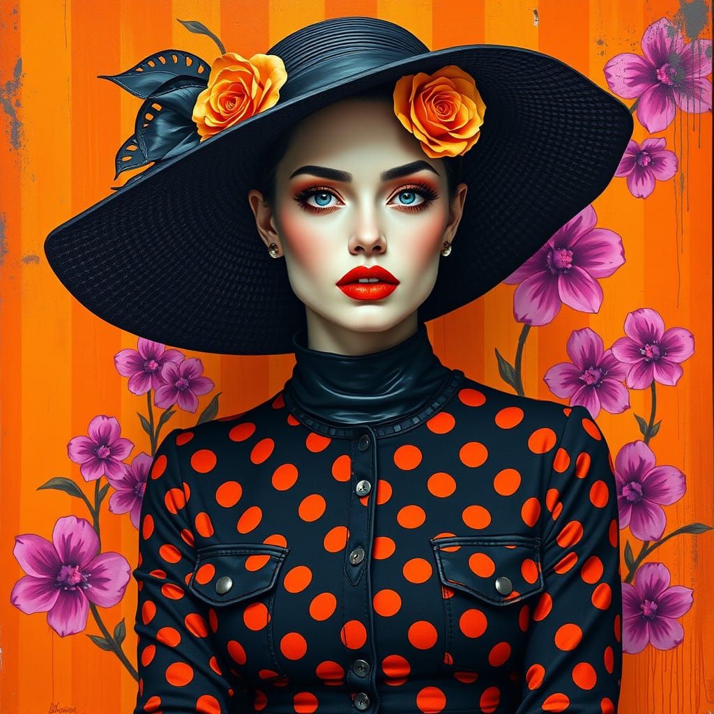 Portrait of an Elegant Woman in Bold Makeup and Striped Oran...