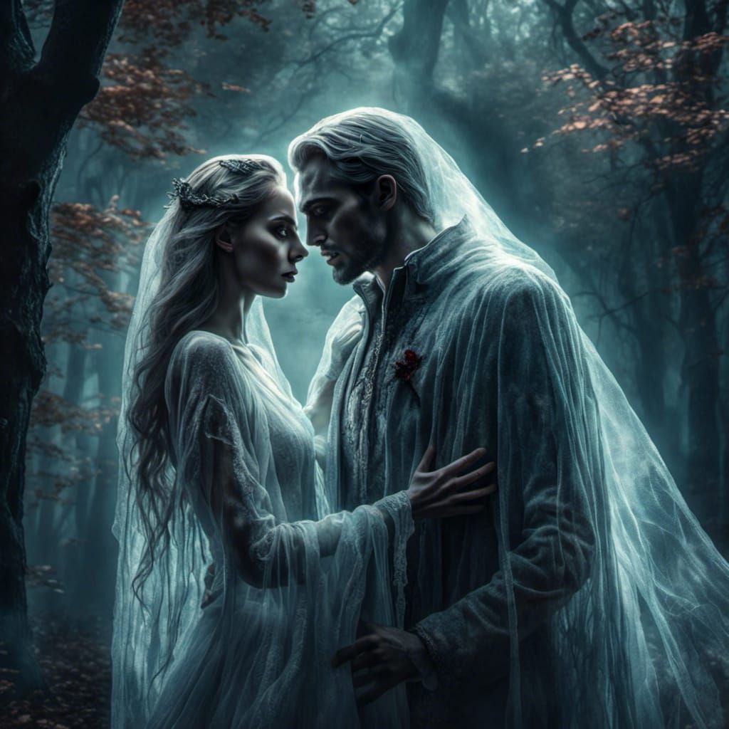 Vampire Couple Embrace in Moonlit Forest: Digital Art