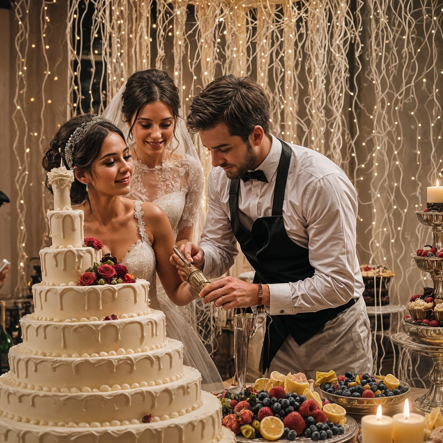 Bride and Groom Cutting a Fantastical Wedding Cake