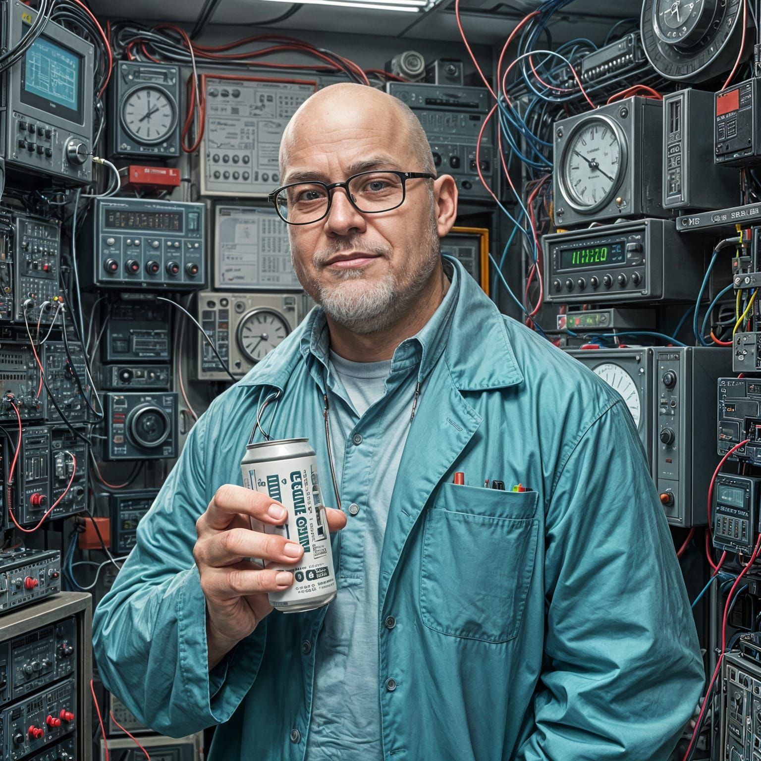 Bald Man in Teal Lab Coat in Electronics Lab