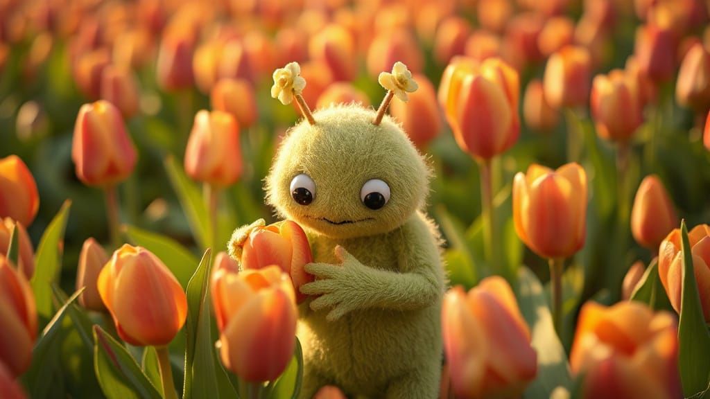 Whimsical Plush Monster in a Tulip Field at Golden Hour