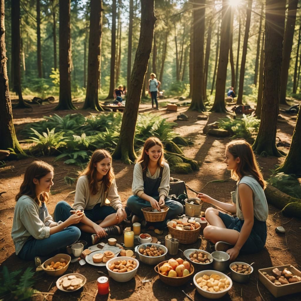 Forest Picnic with Baking, a Cinematic Still