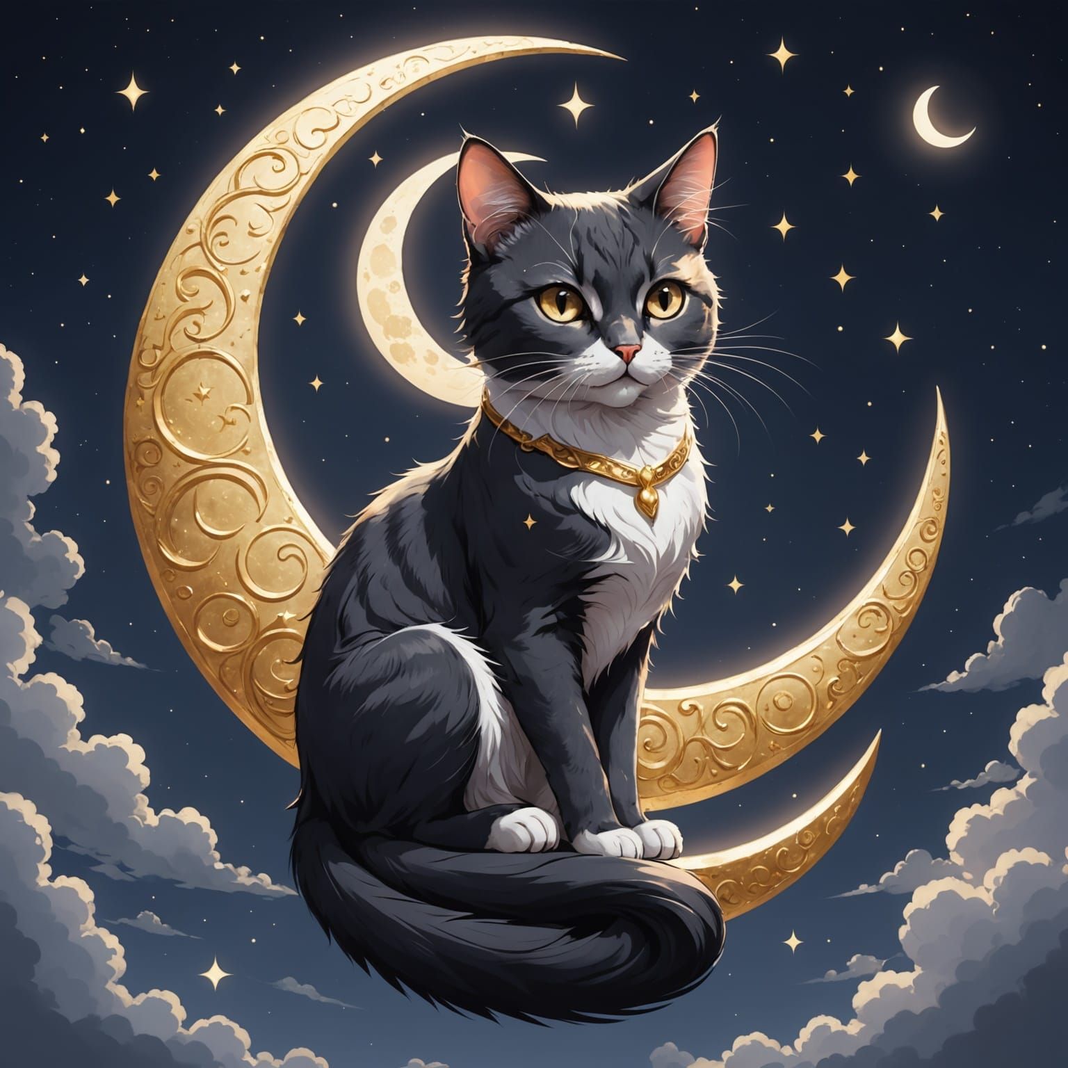 Goddess Cat on Crescent Moon, Anime Illustration