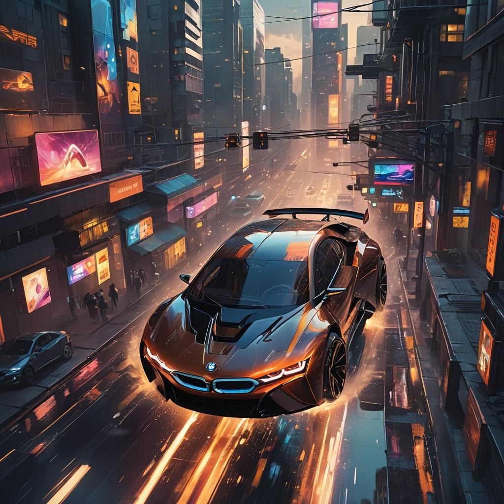 BMW i0010 Concept Soaring Through Futuristic Cityscape